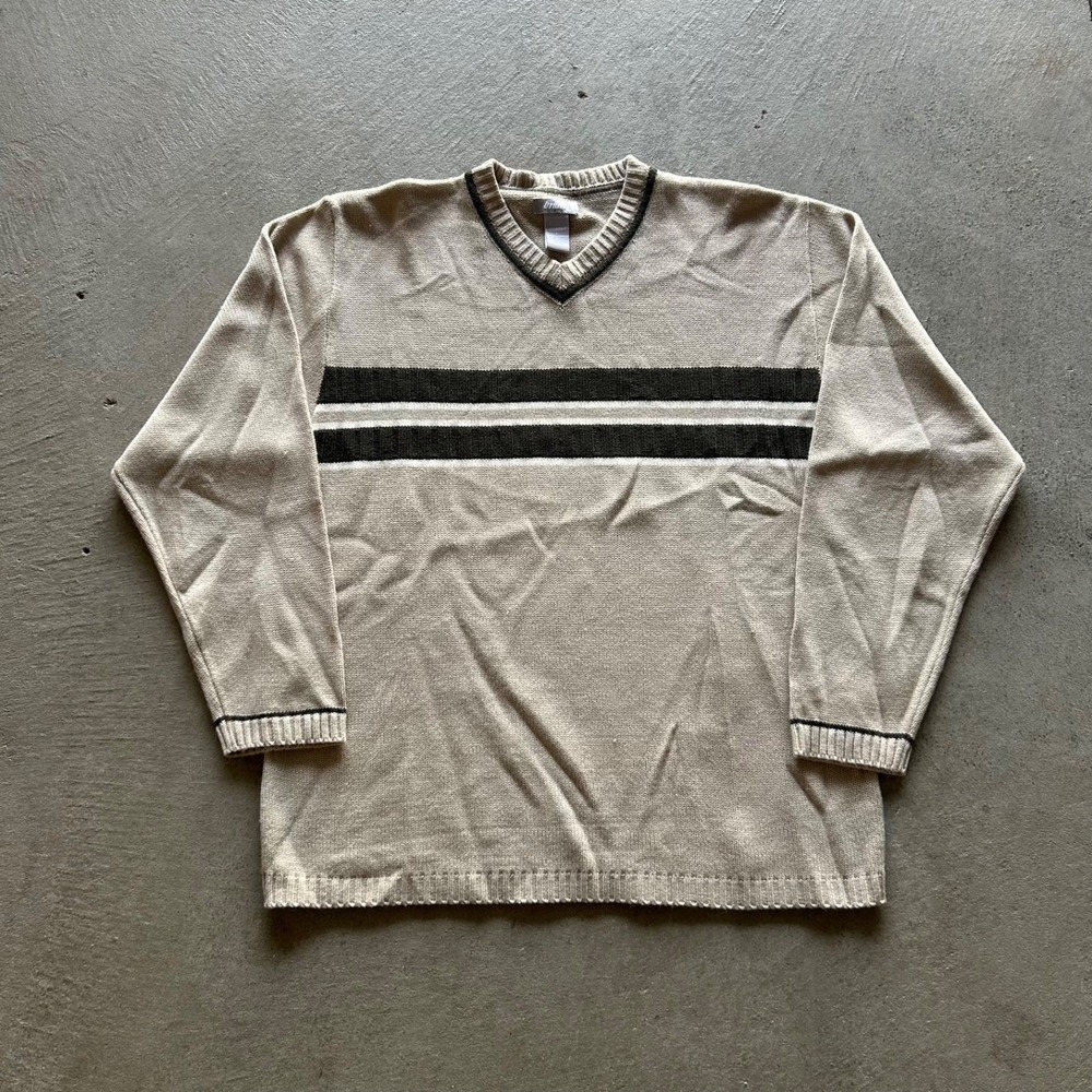 Vintage 90s Utility Sweater Size Large Tan Striped‎ Pullover Crewneck